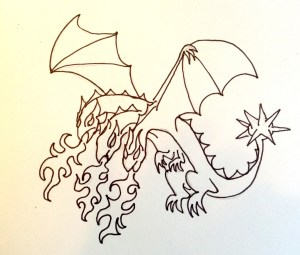 Jack's vision, a 3-headed fire breathing dragon with a spiky ball tale so I drew this. 