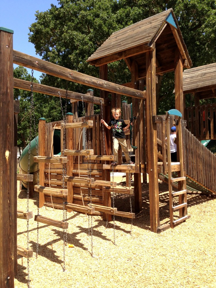 Wiggly wooden swinging steps. tough stuff. 